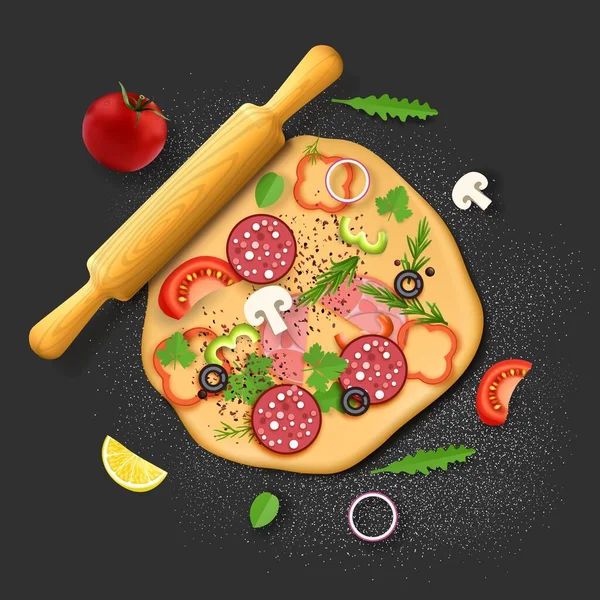 Ingredienti per pizza. Olive di funghi di salame di pasta, pomodoro, pepe, verdi. Pizzeria, menù ristorante, ricettario, vettore — Vettoriale Stock