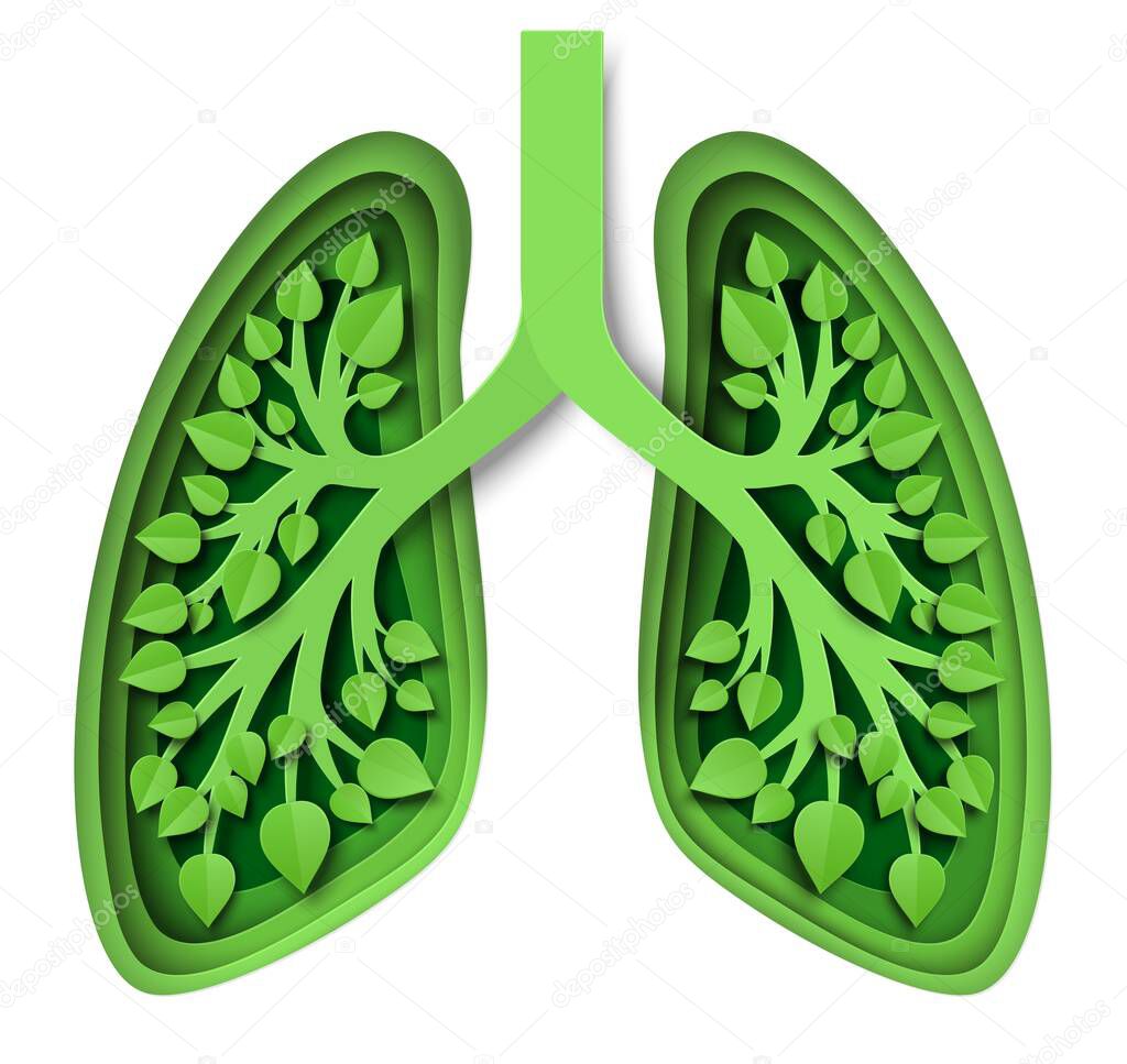Nature lungs with leaves, vector illustration in paper art style. Green lungs of planet Earth. Save environment, ecology