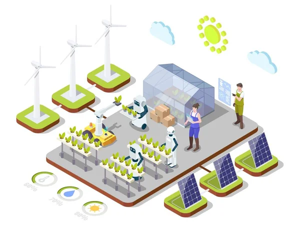 Agricultura orgânica inteligente, infográfico isométrico vetorial. Tecnologias de IA, automação, energia limpa na indústria agrícola. —  Vetores de Stock