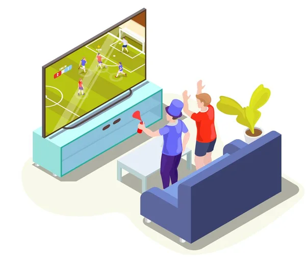 Fans tittar på fotboll match översättning på tv hemma, vektor isometrisk illustration. Live fotboll på tv-kanal — Stock vektor