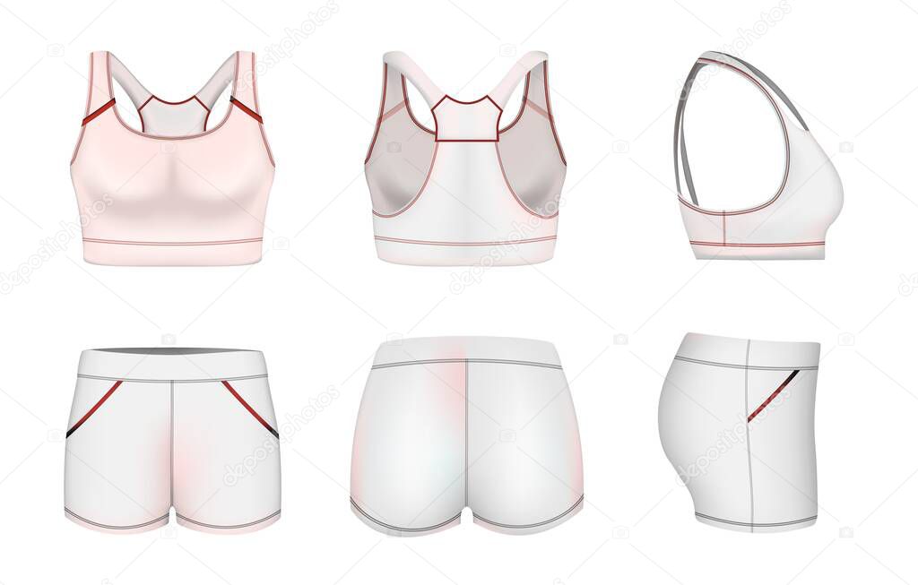 White women sports bra, crop top, shorts mockup set, vector illustration. Sportswear fashion, training clothes template.