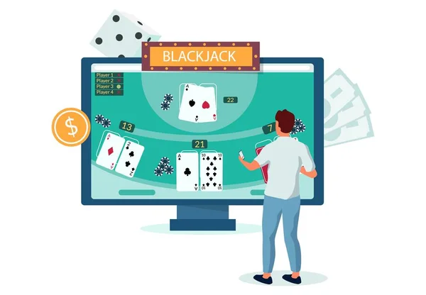 Muž hrající online blackjack hru, ploché vektorové ilustrace. Online kasino hazardní hry. Zábava. Obchod s kasiny. — Stockový vektor