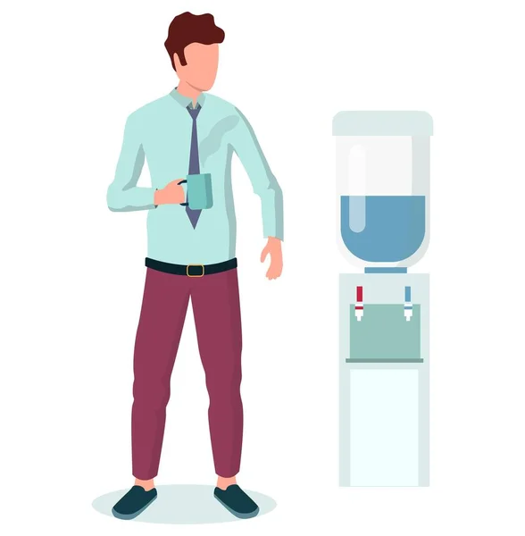 Podnikatel, který pije kávu, stojí u chladiče vody v kanceláři, plochý vektorový obrázek. Pauza na kafe. Čas na čaj. — Stockový vektor