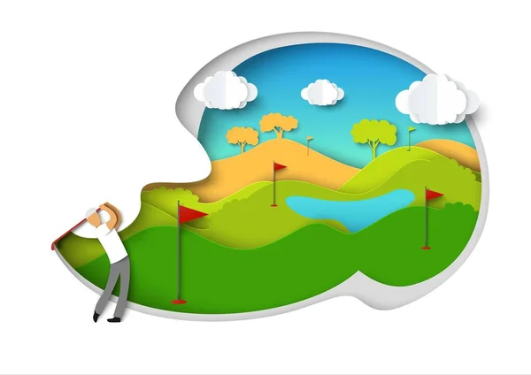 Golfování. Golfista houpající golfovou hůl, vektorová ilustrace v papírovém stylu. Muž hraje golf sport game — Stockový vektor