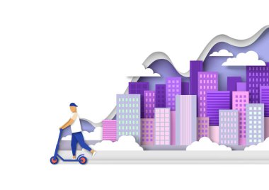 Sokakta elektrikli scooter kullanan genç bir adam, vektör kağıt kesiği illüstrasyonu. Modern araç, eko şehir taşımacılığı.