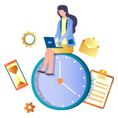 Dizüstü bilgisayarda çalışan bir kadın büyük bir saatin üzerinde oturuyor, düz vektör çizimi. Zaman yönetimi, planlama, zamanlama, süre