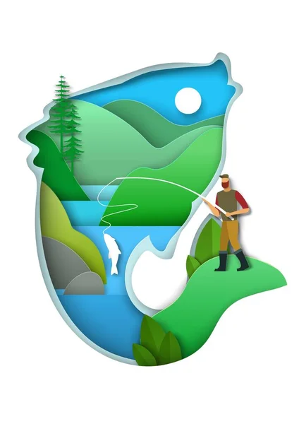 Fish silhouette with fisherman holding fishing rod, mountain river, vector paper cut illustration. Hobby, recreation. — Stock Vector