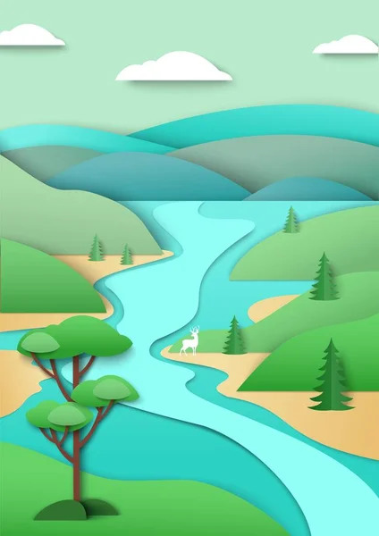 Rio que flui ao longo de colinas verdes, montanhas, ilustração de corte de papel vetorial. Natureza paisagem, conservação do ambiente. — Vetor de Stock