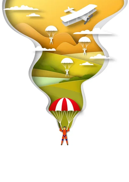 Skydiving, parapente desportivo. Pessoas pulando com paraquedas, voando sobre colinas e rio, ilustração corte de papel vetorial. — Vetor de Stock