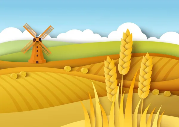 Rural landscape. Wheat fields, windmill, vector paper cut illustration. Field crop, farming, agriculture. Harvest season — Stock Vector