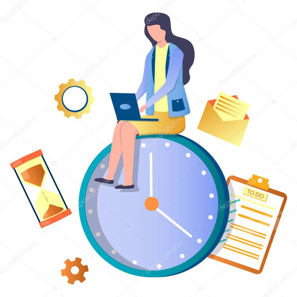 Woman working on laptop sitting on huge clock, flat vector illustration. Time management, planning, scheduling, deadline