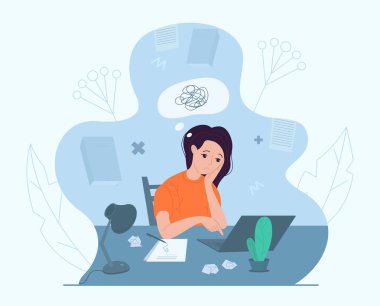 Yaratıcı kriz yaşayan kadın yazar, vektör illüstrasyonu. Anksiyete, yorgunluk, baş ağrısı, stres, depresyon, tükenme