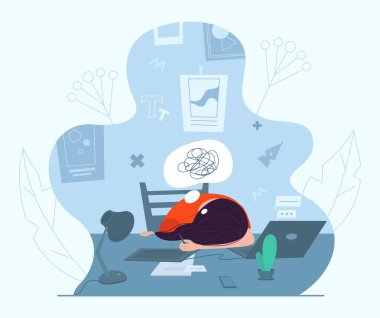 Yaratıcı kriz yaşayan kadın tasarımcı, vektör çizimi. Anksiyete, yorgunluk, baş ağrısı, depresyon, tükenme.