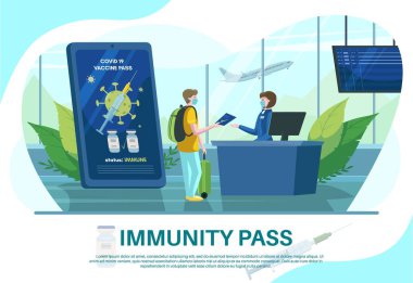 Havaalanı kontrolü. Aşı pasaportlu akıllı telefon. Dokunulmazlık sertifikalı bir yolcu. Dokunulmazlık geçiş afişi şablonu.