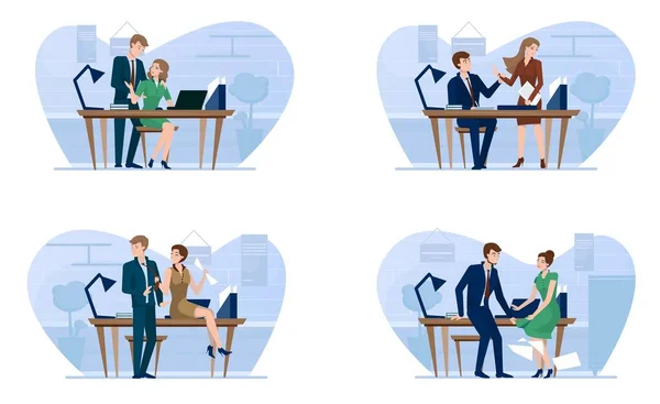 Acoso sexual en la oficina de negocios. Jefe coqueteando con secretario, empleado, ilustración vectorial. Los amoríos en el trabajo. — Archivo Imágenes Vectoriales