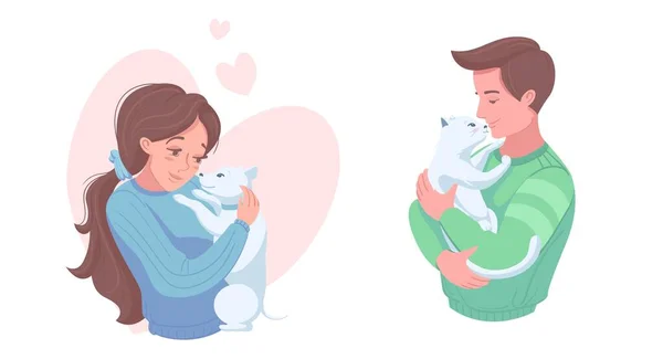 Donos de animais felizes com filhote de cachorro e gatinho, ilustração vetorial. Rapariga e menino cão de estimação, gato. Animais domésticos cuidado, amor. — Vetor de Stock