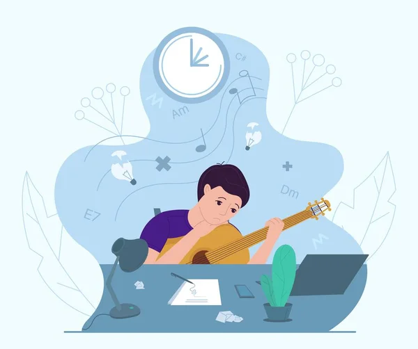 Musicien masculin en crise créative, illustration vectorielle. Anxiété, fatigue, maux de tête, stress, dépression, épuisement professionnel — Image vectorielle