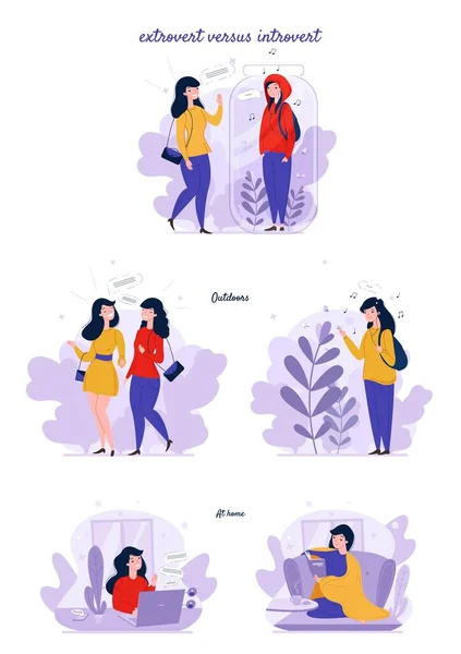 Extrovert and introvert personality types. Extraverted, introverted mindset people. Extroversion, introversion, vector — Stock Vector