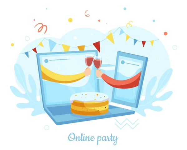 Duas mãos de laptop, óculos de clinking smartphone, ilustração vetorial. Festa online, reunião de amigos. Vídeo chamada de chat. —  Vetores de Stock