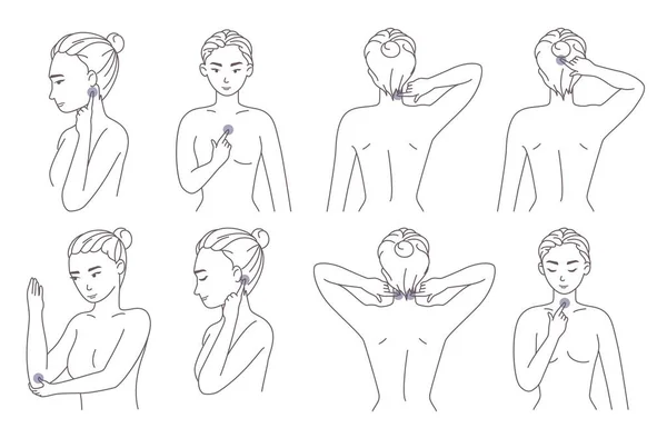 Mujer presionando puntos de acupresión en el cuello, codo, cabeza, pecho para aliviar el dolor y la tensión muscular, ilustración vectorial. — Vector de stock