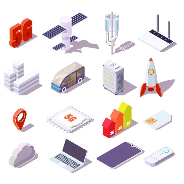 5g 셀 네트워크 isometric icon set, vector isolated illustration. 무선 고속 인터넷. — 스톡 벡터