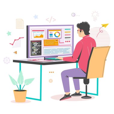 Tam yığın geliştirici bilgisayar, vektör illüstrasyonu üzerinde çalışıyor. IT uzmanı, ağ geliştirici programlama, kodlama.
