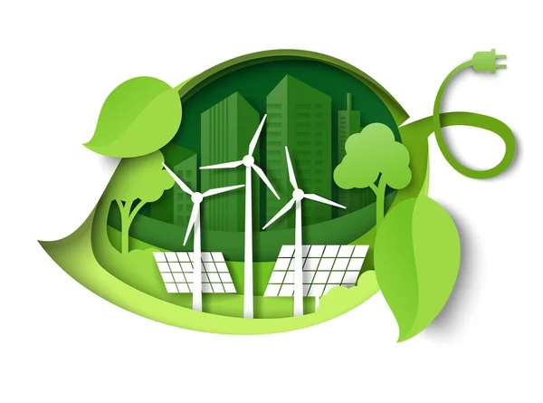 Groen blad met windmolens, zonnepanelen, bomen, silhouetten, vector papier gesneden illustratie. Groene energie. — Stockvector