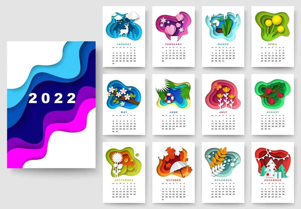 Έτος 2022 πρότυπο ημερολόγιο. Χειμώνας, άνοιξη, καλοκαίρι, φθινοπωρινή εποχή φύση, floral design, διάνυσμα χαρτί κοπεί εικονογράφηση. — Διανυσματικό Αρχείο
