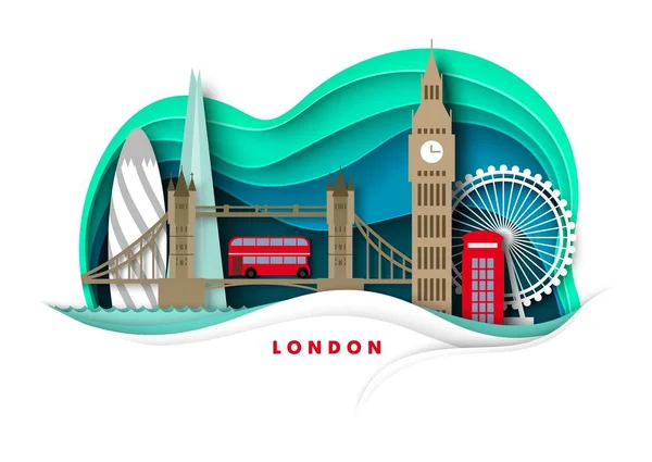 Skyline della città di Londra, illustrazione del taglio della carta vettoriale. Big Ben, Tower bridge, ruota panoramica, monumenti famosi in tutto il mondo. Viaggio. — Vettoriale Stock