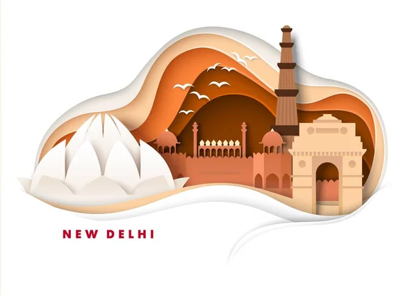New Delhi City Skyline, Vektorpapierschnitt Illustration. India Gate, Lotus Tempel, weltberühmte Sehenswürdigkeiten. Globale Reisen. — Stockvektor