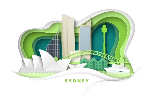 Sydney City, Australia, ilustración de corte de papel vectorial. Puente del puerto, Opera House monumentos de fama mundial. Viajes globales — Vector de stock