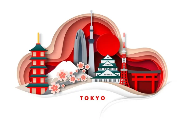 Токио, иллюстрация векторной резки бумаги. Храмы, башни, знаменитые достопримечательности Японии и туристические достопримечательности. Глобальные путешествия — стоковый вектор