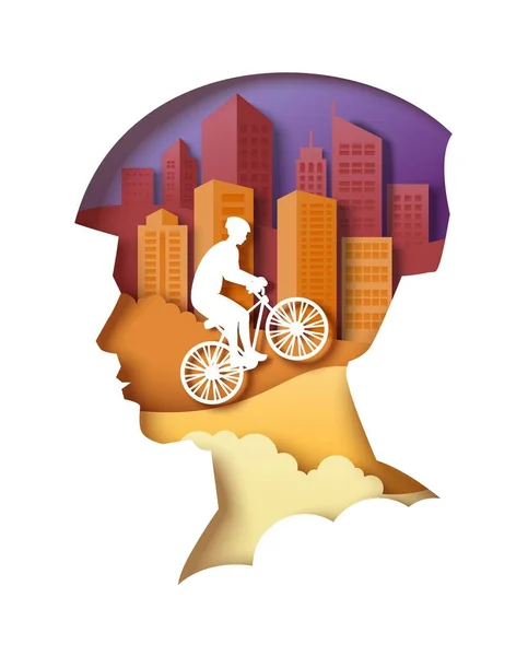 Hombre silueta cabeza con edificios de la ciudad y ciclista, ilustración de corte de papel vectorial. City eco transport poster. — Archivo Imágenes Vectoriales