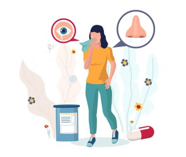 Hapşıran, burnu akan, sulu kırmızı gözlü, vektör çiziminden muzdarip bir kadın. Mevsimsel polen alerjisi belirtileri.