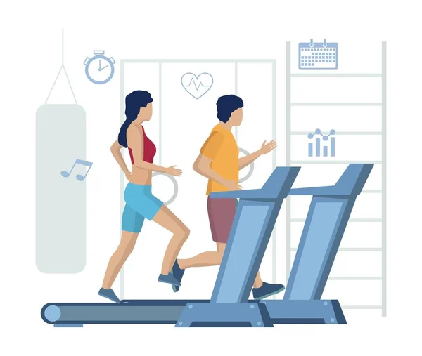 Coppia che corre su tapis roulant, illustrazione vettoriale. Fitness palestra tapis roulant allenamento, stile di vita sano, attrezzature sportive. — Vettoriale Stock