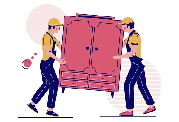 Two movers carrying closet, vector illustration. Relocation. Moving company service. Furniture delivery. — Stock Vector