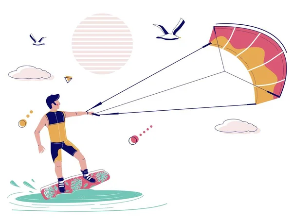 Kiteboarder no kiteboard puxado através da água por pipa, ilustração vetorial. Kiteboarding, kitesurf esporte aquático extremo — Vetor de Stock