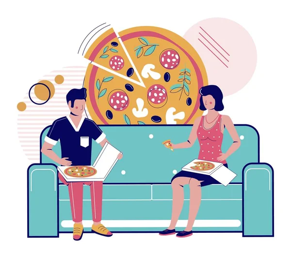 Gelukkig stel eet afhaalpizza op de bank thuis, vectorillustratie. Fast food levering. Proeverij van pizza. — Stockvector