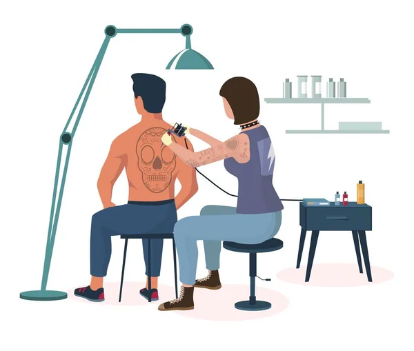 Man getting human skull tattoo on his back in studio, vector illustration. Tattoo salon, shop business, tattooing art. — Stock Vector