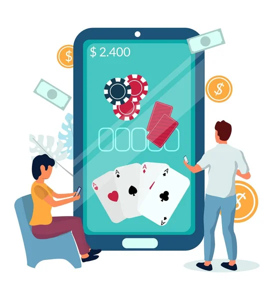 Persone che giocano a poker casinò mobile gioco online, illustrazione vettoriale. App per dispositivi mobili di Casino. Industria del gioco d'azzardo. — Vettoriale Stock