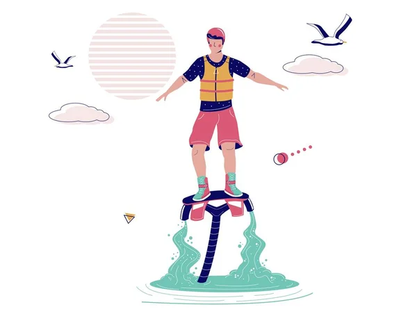 Homem voando em prancha, ilustração vetorial. Flyboarding, esportes aquáticos extremos, atividades na praia. Flyboard jetpack água — Vetor de Stock