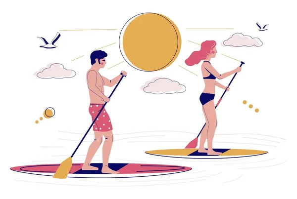 Jovem casal remo SUP placas, ilustração vetorial. Stand up paddle boarding, SUP surf, atividade de praia de verão. —  Vetores de Stock