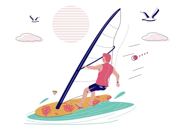 Homem montando prancha de windsurf com vela, ilustração vetorial. Windsurf, desporto aquático extremo. Atividades de praia de verão. — Vetor de Stock