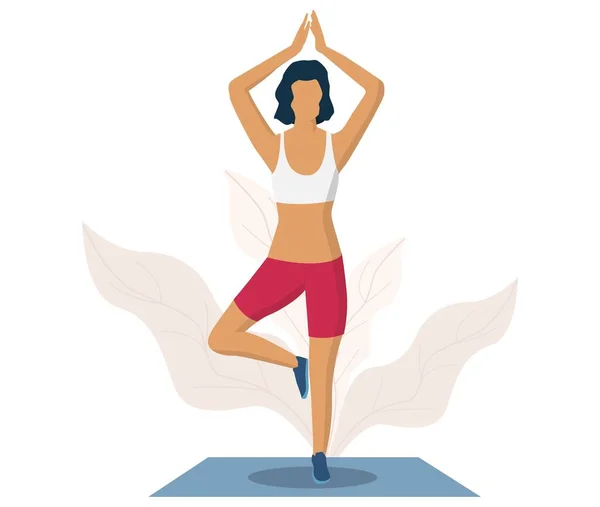 Mujer haciendo ejercicio de yoga, ilustración vectorial. Postura del yoga del árbol o vrksasana. Fitness gimnasio, estilo de vida saludable. — Vector de stock