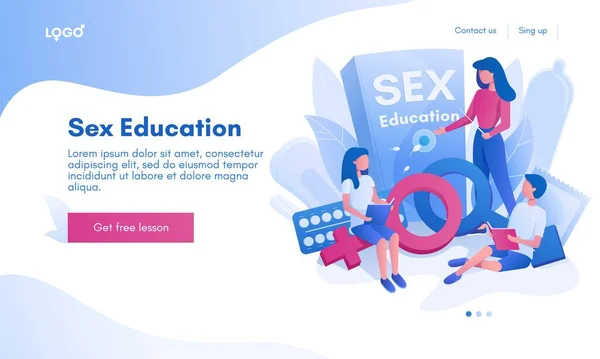 Educación sexual landing page design, página web banner vector plantilla. Sexualidad y género. Salud sexual. — Archivo Imágenes Vectoriales