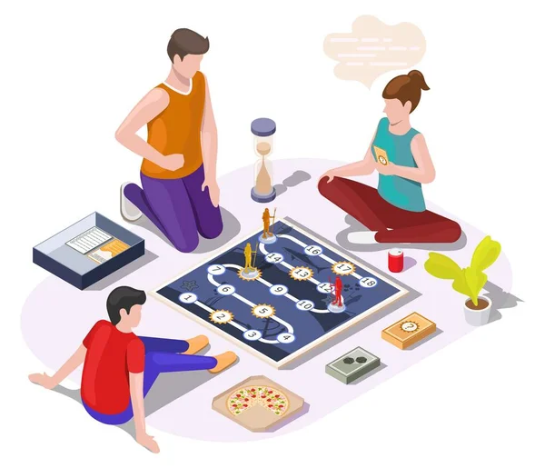 Glückliche Familie mit Kind beim Brettspiel auf dem Boden sitzend, vektorisometrische Illustration. Freizeitaktivitäten zu Hause. — Stockvektor