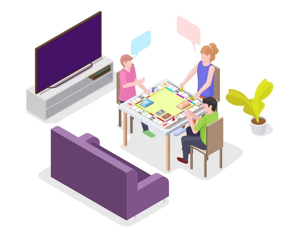 Enfants heureux jouant jeu de société assis à la table, illustration isométrique vectorielle plate. Loisirs domestiques. — Image vectorielle