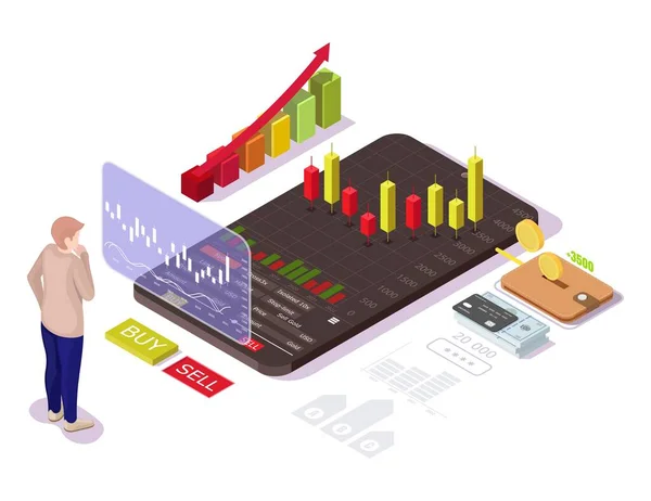 Empresario que invierte en el mercado de valores, ilustración isométrica de vector plano. Concepto de comercio de acciones móviles. — Archivo Imágenes Vectoriales