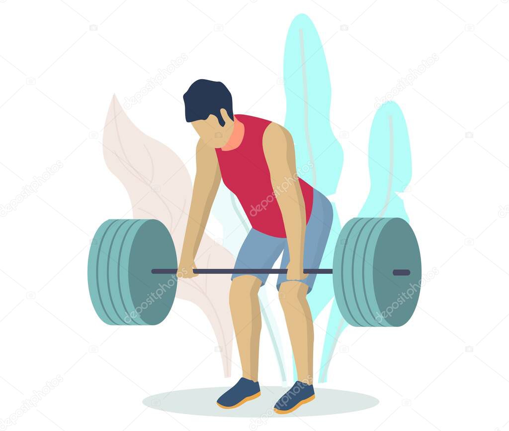 Athlete, sportsman, bodybuilder lifting barbell. Fitness gym bodybuilding workout. Weightlifting sports, vector.