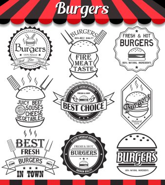 Vektör dizi etiketleri, çıkartmalar, burger ve hamburger için logo ve Logotype öğeleri 